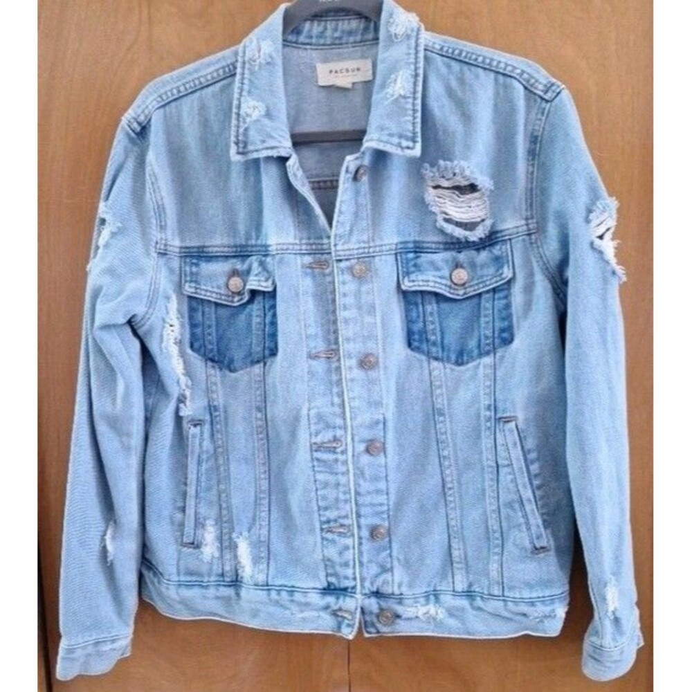 Pacsun Jacket Denim Distressed Destroyed Blue Jean Trucker Pockets Sz Medium